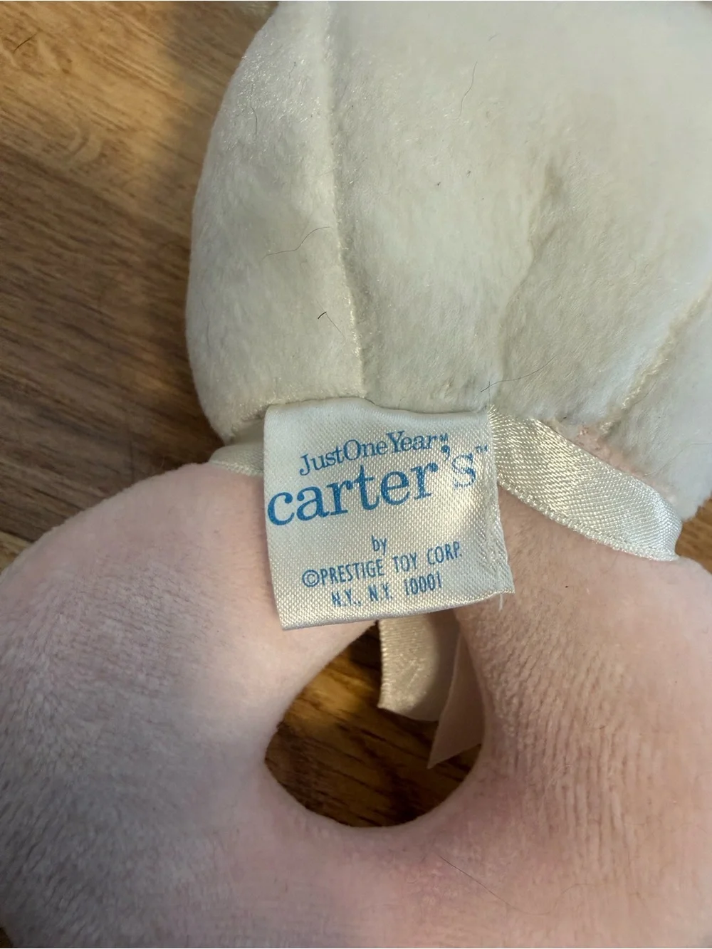 Vtg Carter's Plush Pink White Could Just Stay Little Bunny Rattle Ring Baby Toy